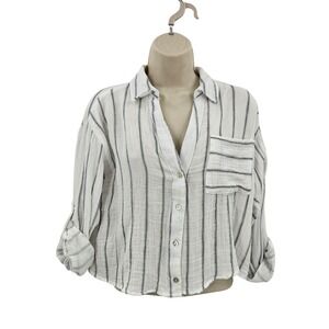 Love Notes Top Women M Striped Cotton Button Up Roll Tab Beachy Preppy Coastal